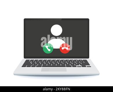 Videochiamata sullo schermo del computer portatile. Laptop con pulsanti di chiamata in arrivo, immagine del profilo uomo e Accetta rifiuta. Illustrazione Vettoriale