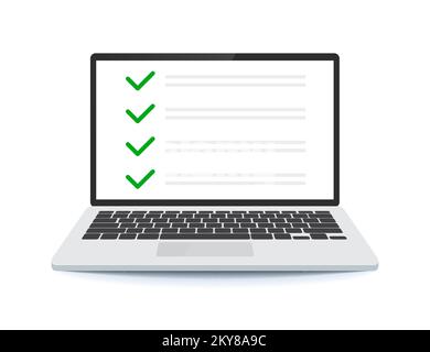 Elenco di controllo sul display del laptop, caselle di controllo con segno di spunta. Illustrazione Vettoriale