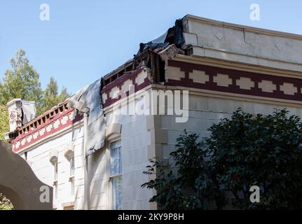 Napa, California, 24 agosto 2014 molti degli edifici più vecchi nel centro di Napa, CA sono stati colpiti più duramente di altri dal terremoto che ha colpito la città. Fotografie relative a disastri e programmi, attività e funzionari di gestione delle emergenze Foto Stock