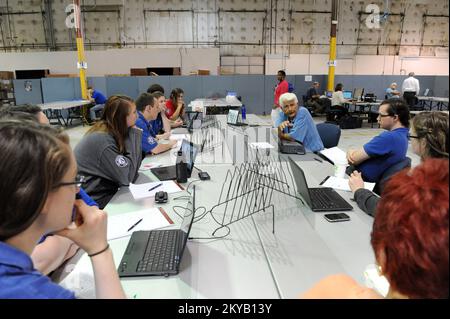 Austin, TX, USA 23 giugno 2015 i dipendenti della FEMA lavorano in un ufficio sul campo congiunto impostato su u per orchestrare le operazioni di disaster recovery nello Stato. I residenti colpiti dalle recenti inondazioni sono incoraggiati a registrarsi per il leasing di assistenza in caso di calamità chiama il numero 1-800-621-3362 (FEMA) o TTY: 1-800-462-7585 o online a www.disastperassistance.gov o m.fema.gov con un hone intelligente. Jocelyn. Austin, TX, USA--Giugno 23, 2015--i dipendenti della FEMA lavorano presso un ufficio sul campo congiunto istituito per organizzare le operazioni di disaster recovery nello Stato. Fotografie relative alle catastrofi e ai programmi di gestione delle emergenze, Activiti Foto Stock