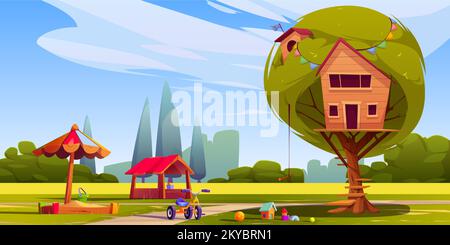 Parco giochi con giocattoli e casa sugli alberi in un parco verde sotto il cielo blu soleggiato. Cartoon vettoriale illustrazione di capanna in legno con scala, sandbox e triciclo. Posto per i bambini per giocare e divertirsi in vacanza Illustrazione Vettoriale