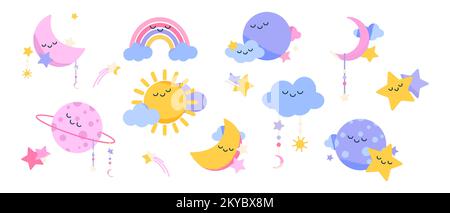 Boho decorazione vivaio, cute baby sonno crescente, arcobaleno, sole con nuvole, stelle e pianeti personaggi kawaii. Arredamento per la camera da letto bambino neonato, interni sala giochi, buona notte Cartoon Vector Set Illustrazione Vettoriale