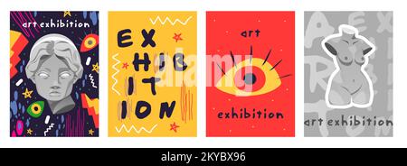 Retro futuristic flyers for modern abstract art exhibition. Vector posters with antique sculpture face and and statue body, open eye, surreal shapes and cyberpunk elements in trendy psychedelic style Illustrazione Vettoriale