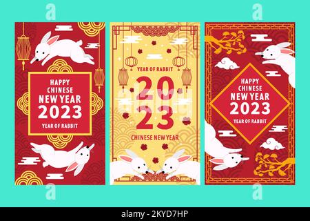 set di banner verticale poster design piatto felice cinese nuovo anno 2023 anno di coniglio Illustrazione Vettoriale