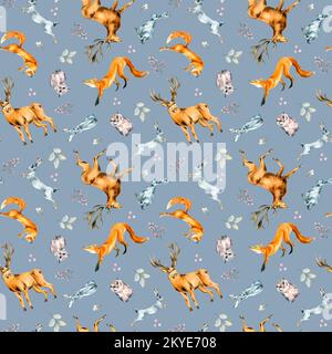 Animali selvatici, lepre, volpi, gufo, cervi acquerello senza cuciture modello isolato su blu. Stampa foresta invernale, legno disegnato a mano. Design per tessuti, inverno Foto Stock