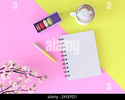 Creative notebook Mockup piano di lavoro scrivania. Vista dall'alto su carta da scrivania, forniture per ufficio, fiori, caffè. Spazio di copia su sfondo a due colori Foto Stock