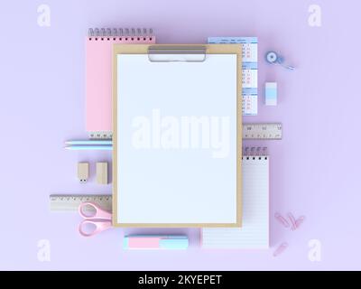 Taccuino mockup colori pastello. Notebook con forniture scolastiche, forniture per ufficio su sfondo rosa. Concetto di ritorno a scuola. Vuoto con spazio di copia Foto Stock