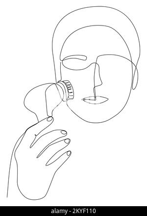 Una linea continua di donna usa una spazzola per pulire, strofinare il viso e massaggiare. Concetto di vettore di illustrazione a linea sottile. Disegno di contorno idee creative. Illustrazione Vettoriale