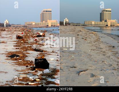 Uragano Katrina, Biloxi, signorina, 3 settembre e 3 novembre 2005 -- prima (a sinistra) e dopo l'inizio del processo di pulizia della spiaggia di Biloxi. L'uragano Katrina ha lasciato enormi quantità di detriti sulla spiaggia. Foto Stock