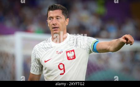 Al Wakrah, Qatar. 30th Nov 2022. I gesti di Robert Lewandowski in Polonia durante una partita di calcio tra Polonia e Argentina, terza e ultima partita del Gruppo C della Coppa del mondo FIFA 2022 di al Wakrah, Stato del Qatar, mercoledì 30 novembre 2022. BELGA PHOTO VIRGINIE LEFOUR Credit: Agenzia Notizie Belga/Alamy Live News Foto Stock