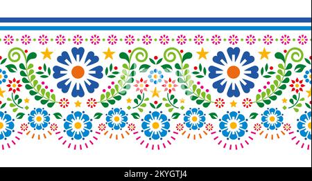 Stile messicano folk art vettore senza cuciture lungo modello orizzontale con fiori, foglie e forme geometriche, vivace design ripetitivo perfetto per wallpa Illustrazione Vettoriale