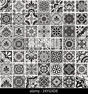 Piastrelle talavera messicane vettoriali motivo senza cuciture - grande 49 diversi set di design in bianco e nero, perfetto per la stampa di carta da parati, tessuti o tessuti Illustrazione Vettoriale