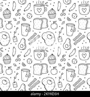 Cute senza cuciture modello con cibo per la colazione - uova fritte, pancetta, toast, salsicce, caffè, avocado, frutta. Disegno vettoriale a mano in stile doodle. Ideale per la stampa, la carta da imballaggio, lo sfondo. Illustrazione Vettoriale