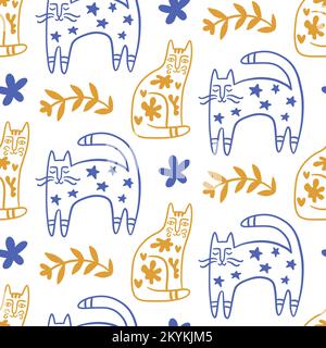 Trendy Folk art gatti senza cuciture modello Illustrazione Vettoriale