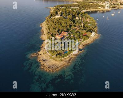 Vista panoramica aerea sulla famosa isola della costa azzurra di Cap Saint Jean Ferrat, dove si possono trovare tutte le ville più ricche di Francia Foto Stock