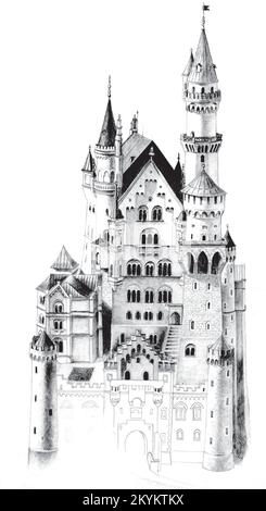 Castello di Neuschwanstein disegnato a mano libera Illustrazione Vettoriale