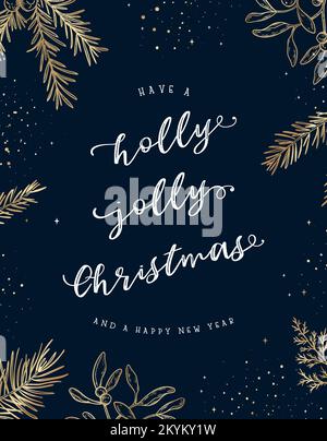 Bella mano disegnata rami inverno modello di natale, design di lusso con fiocchi di neve dorati e ramoscelli, grande per le carte, banner, sfondi - vettore de Illustrazione Vettoriale
