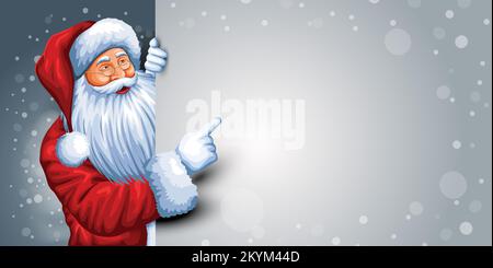 Babbo Natale che punta sullo sfondo bianco del banner di carta con spazio di copia. disegno di illustrazione vettoriale astratto Illustrazione Vettoriale
