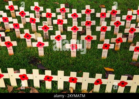 Garden of Remembrance, croci di papavero in legno per onorare i morti e ricordare i vivi, Princes Street Gardens, Edimburgo, Scozia, Regno Unito. Foto Stock