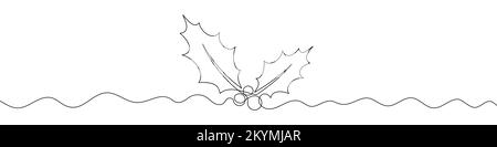 Pianta di Natale in stile disegno a linea continua. Linea arte di foglie agrifoglio con bacche. Illustrazione vettoriale. Sfondo astratto Illustrazione Vettoriale