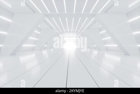 Tunnel astratto bianco con linee al neon incandescenti, rendering 3D. Disegno digitale. Foto Stock