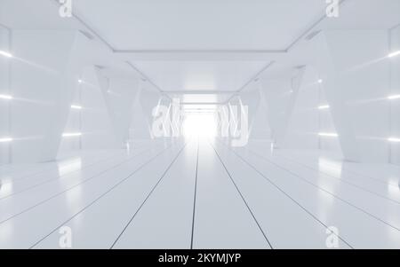 Tunnel astratto bianco con linee al neon incandescenti, rendering 3D. Disegno digitale. Foto Stock