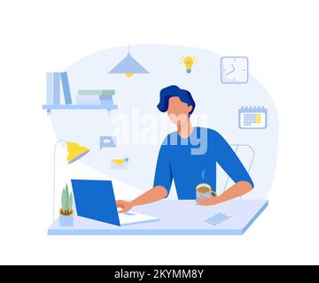 Giovane uomo che lavora al suo computer portatile. Interni per l'ufficio domestico. Concetto di freelance. Illustrazione vettoriale in stile piatto Illustrazione Vettoriale