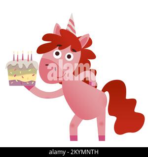 Buon compleanno celebrazione simpatico unicorno tenere torta con candele. Illustrazione vettoriale colorata su sfondo bianco Illustrazione Vettoriale
