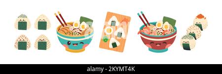 Set di vettori ramen onigiri. Onigiri ramen su sfondo bianco. Mascotte Onigiri. Illustrazione Vettoriale