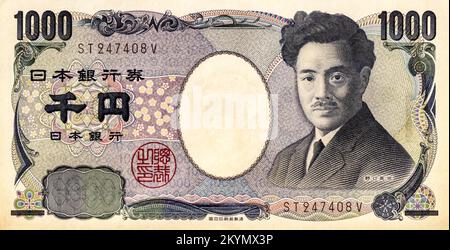 Valuta giapponese 1000 yen banconota con ritratto di Hideyo Noguchi. Yen è la moneta ufficiale del Giappone Foto Stock