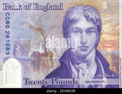 Dettaglio della banconota britannica da venti sterline con ritratto di William Turner Foto Stock