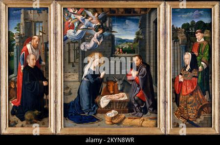 La Natività con i donatori e i santi Girolamo e Leonardo di Gerardo David (ca.1450/60-1523), olio su tela trasferito dal legno, ca. 1510-15 Foto Stock