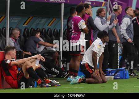 Doha, Qatar, 01/12/2022, la panchina reagisce durante una partita di calcio tra la nazionale belga The Red Devils e la Croazia, terza e ultima partita del Gruppo F della Coppa del mondo FIFA 2022 ad al Rayyan, Stato del Qatar, giovedì 01 dicembre 2022. BELGA PHOTO VIRGINIE LEFOUR Foto Stock