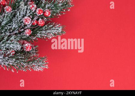 Abete verde albero di natale abete rosso ramo con agrifoglio coperto di neve su sfondo rosso vista dall'alto con spazio copia. Foto Stock