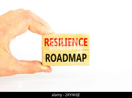 Simbolo della roadmap di resilienza. Parola concettuale Resilience roadmap tipizzata su blocchi di legno. Bellissimo sfondo bianco tavolo. Mano uomo d'affari. Business Foto Stock