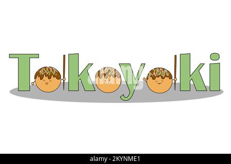 Piatto asiatico - takoyaki. Polpi. Cucina giapponese. Personaggio carino. illustrazione doodle. Vettore Illustrazione Vettoriale