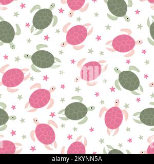 Modello vettoriale senza cuciture con tartaruga.Underwater cartone animato creature.sfondo marino.cute motivo oceano per tessuto, abbigliamento per bambini, tessuti, wrapping Illustrazione Vettoriale