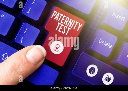 Testo che mostra il test di paternità dell'ispirazione. Business idea un test di DNA per determinare se un dato uomo è il padre biologico Foto Stock