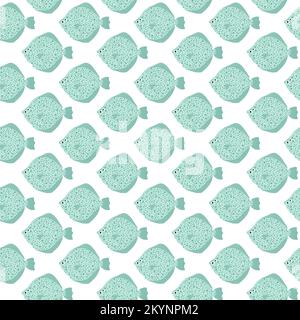 Modello vettoriale senza cuciture con flounder.Underwater Cartoon Creatures.Marine background.Cute modello oceanico per tessuto, abbigliamento per bambini, tessuti Illustrazione Vettoriale