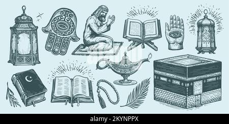 Set di schizzi Islam. Quran, Hajj, che prega musulmano, lampada, mano Fatima, rosario. Illustrazione vettoriale vintage del concetto di religione Illustrazione Vettoriale