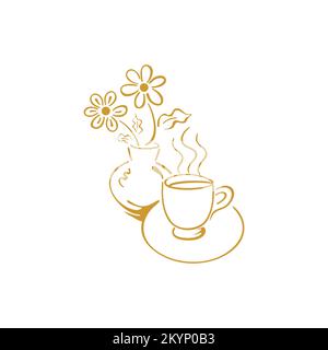Contorno fiore top con icona vettoriale tazza da caffè su sfondo bianco Illustrazione Vettoriale