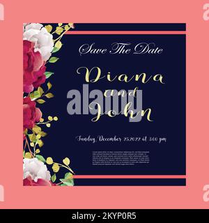 Modello vettoriale vintage di biglietto d'invito per matrimoni con fiori su sfondo magenta chiaro Illustrazione Vettoriale