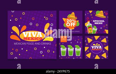 Spuntini e bevande locali messicani. Banner quadrati - illustrazione vettoriale. Raccolta di layout quadrati per i social network. Promozione del ristorante Illustrazione Vettoriale