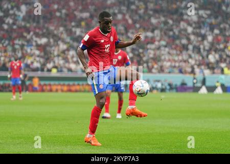 1 dicembre 2022: AL KHOR, QATAR - 1 DICEMBRE: Giocatore di Costa Rica Eltsin Tejeda controlla la palla durante la Coppa del mondo FIFA Qatar 2022 gruppo e partita tra Costa Rica e Germania allo Stadio al Bayt il 1 dicembre 2022 a Doha, Qatar. (Credit Image: © Florencia Tan Jun/PX Imagens via ZUMA Press Wire) Foto Stock