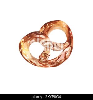 Prodotti per pane e rotoli acquerelli. Lavoro manuale su sfondo bianco. Bagel. Raster. Può essere usato su una cartolina, in composizioni, su una tovaglia, etichette, Foto Stock