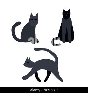 Set di gatti neri disegnati a mano Illustrazione Vettoriale