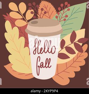 Illustrazione vettoriale della tazza di caffè con foglie autunnali Illustrazione Vettoriale