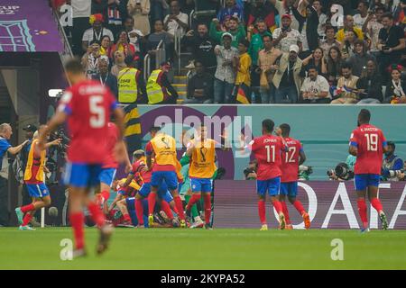 1 dicembre 2022: AL KHOR, QATAR - 1 DICEMBRE: Il giocatore di Costa Rica Eltsin Tejeda festeggia dopo aver segnato un gol durante la Coppa del mondo FIFA Qatar 2022 gruppo e partita tra Costa Rica e Germania allo Stadio al Bayt il 1 dicembre 2022 a Doha, Qatar. (Credit Image: © Florencia Tan Jun/PX Imagens via ZUMA Press Wire) Foto Stock