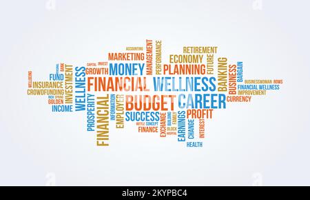 Background cloud del mondo del benessere finanziario. Consapevolezza dello stile di vita concetto di disegno di illustrazione del vettore. Illustrazione Vettoriale