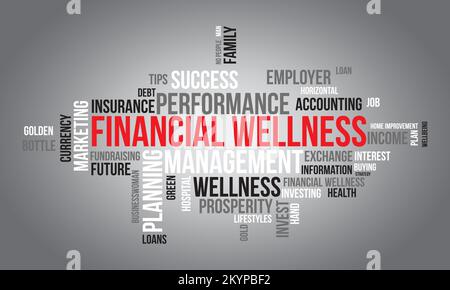 Background cloud del mondo del benessere finanziario. Consapevolezza dello stile di vita concetto di disegno di illustrazione del vettore. Illustrazione Vettoriale